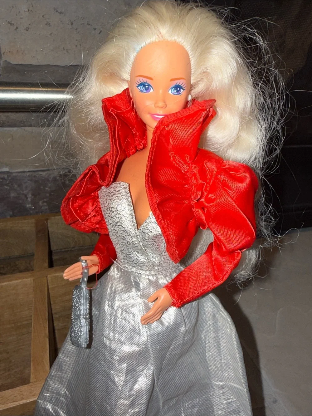 Barbie Vintage silver formal dress satin red coat purse and shoes